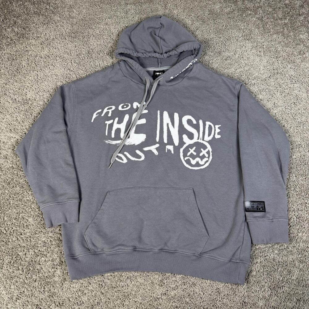 47 Street Hoodie Mens L Gray From The Inside Out Graphic Print Drawstring